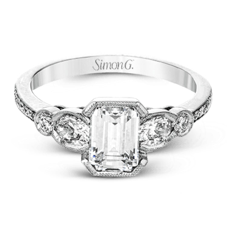 This lovely contemporary design features white gold and .16 ctw of round white diamonds and .39 ctw of oval shaped white diamonds as well as delicate milgrain edging around its centerpiece.