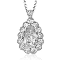 This gorgeous white gold pendant features a halo of .46 ctw of round white diamonds highlighting a beautiful .80 ctw pear shaped paraiba tourmaline.