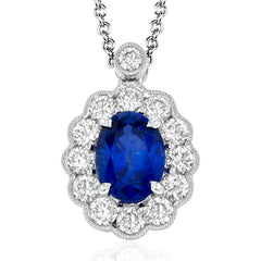 A classic design in 18k white gold, this pendant features a oval 1.24 ct sapphire center stone.