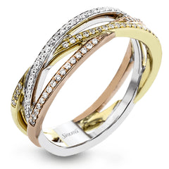 Delicate and lovely, this wedding band in three-tone gold features .23 ctw of round white diamonds for just a hint of sparkle.