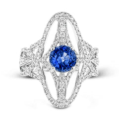 The lovely vintage-inspired design of this 18k white gold ring elongates the finger and contains 1.07 ctw of white diamonds.