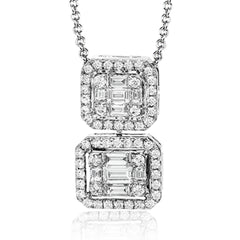 This lovely necklace is sure to bring something special to your day, with .37 ctw of round brilliant diamonds and .36 ctw of baguette diamonds set into an 18k white gold design.