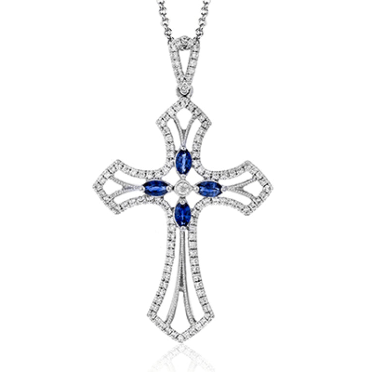 This 18k white gold cross pendant contains .36 ctw round brilliant white diamonds as well as .35 ctw of marquise shaped blue sapphires.