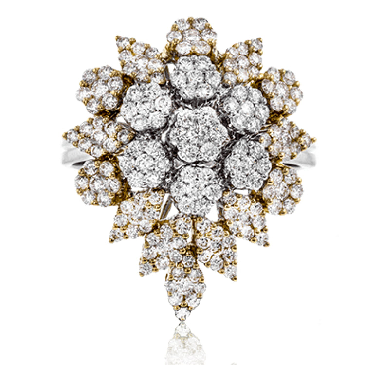This opulent 18k white and yellow gold right hand fashion ring recalls Old Hollywood glamour with a whopping 2.06 ctw of white diamonds set in a floral design.