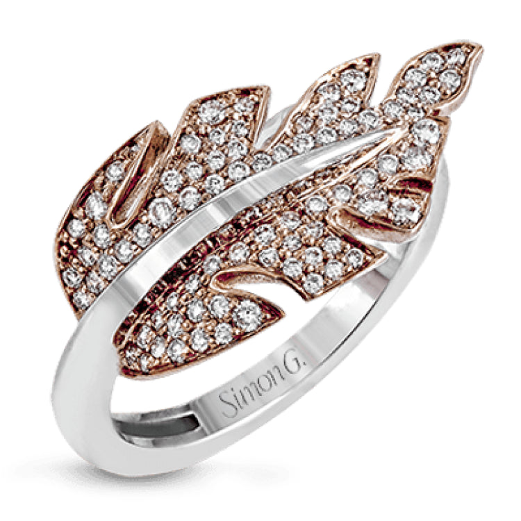 This lovely nature-inspired design is crafted from 18k rose and white gold, and contains .25 ctw of round white diamonds.