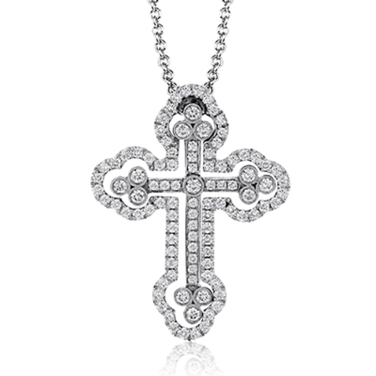 This cross pendant has a little something different to its design with a movable outline and center section, all made from 18k white gold. The pendant is set with .88 ctw of white diamonds.