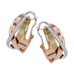 These distinctive earrings are wrought in three tones of 18k gold: white, rose, and yellow. Accenting these metals is a line of .24 ctw of white diamonds.