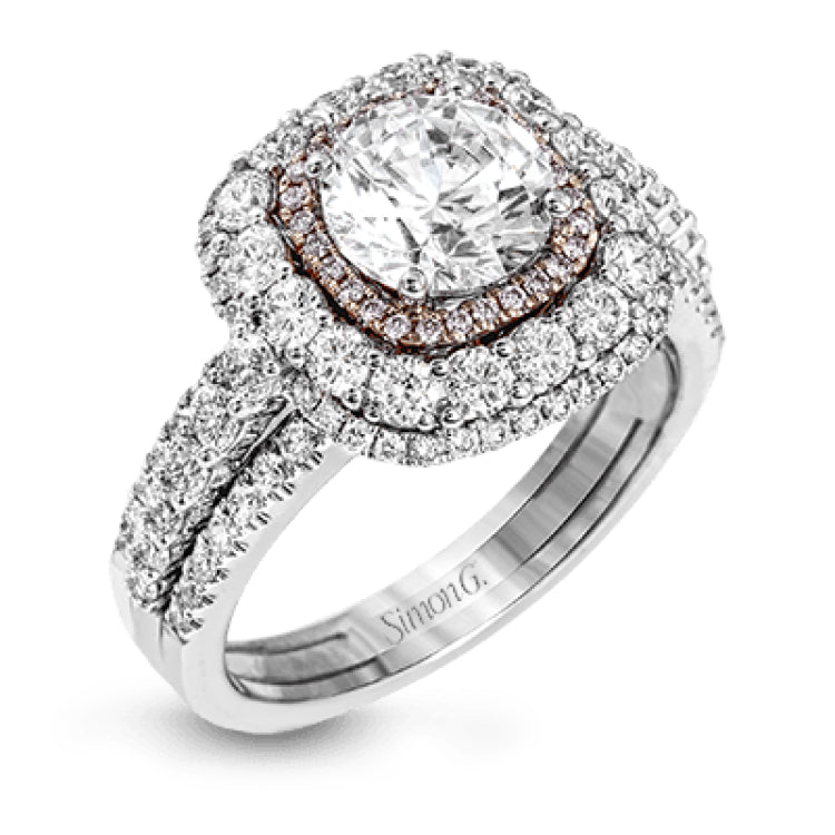 This bold design combines tones of pink and white with 1.11 ctw of sparkling white diamonds in 18k white gold complimenting .07 ctw of pink diamonds in 18k rose gold.