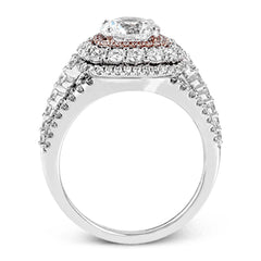 This bold design combines tones of pink and white with 1.11 ctw of sparkling white diamonds in 18k white gold complimenting .07 ctw of pink diamonds in 18k rose gold.