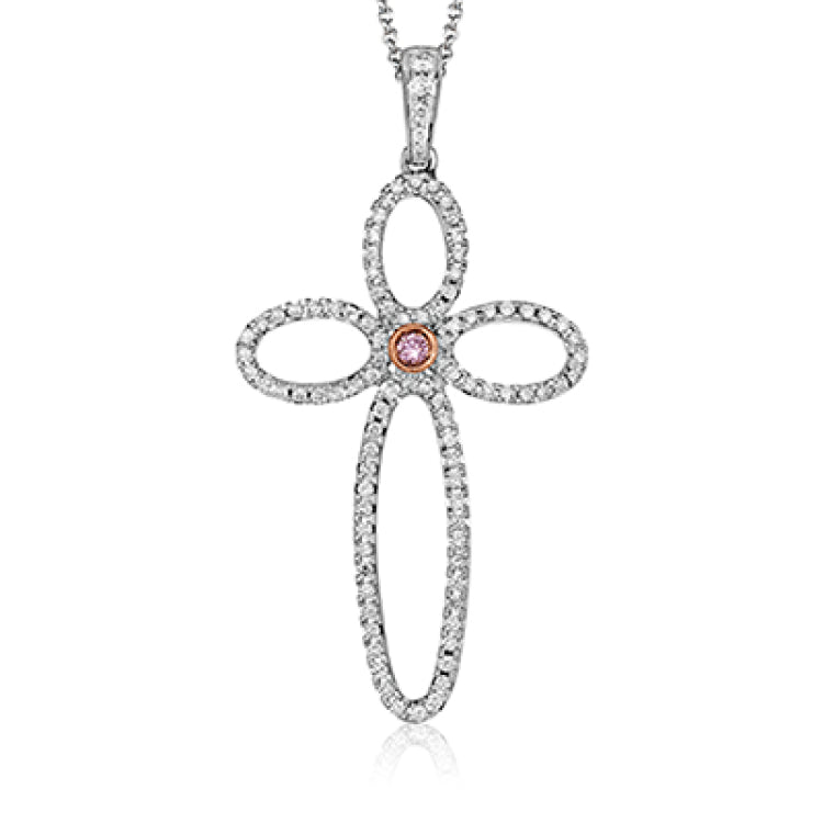 This open, modern take on a cross pendant is rendered in 18k white and rose gold and set with a .03 ct pink diamond and .35 ctw of white diamonds.