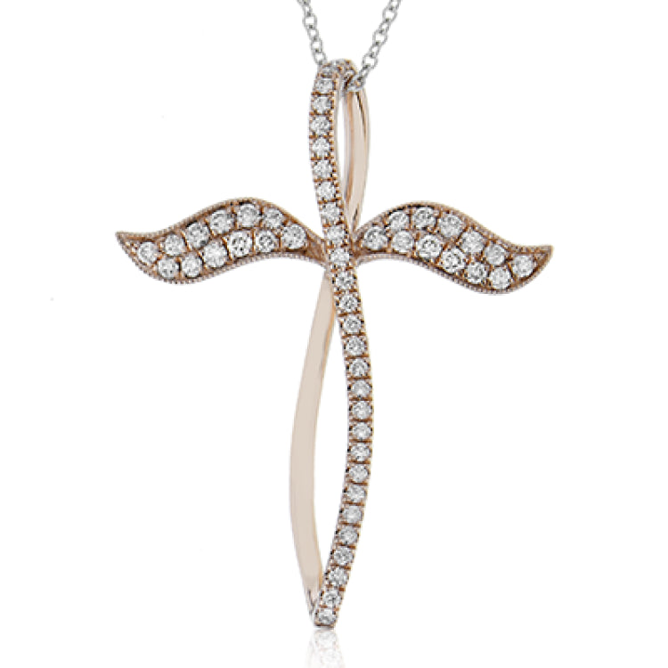 This cross pendant seems almost to be growing wings to fly away in this unique 18k white gold design set with .43 ctw of white diamonds.