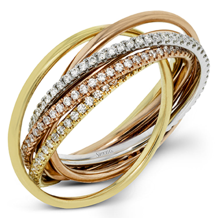This lovely rolling ring combines three different colors of 18k gold, accented by rows of .80 ctw of white round brilliant diamonds.