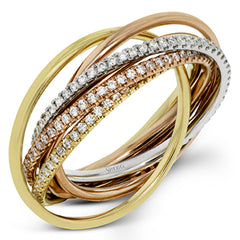 This lovely rolling ring combines three different colors of 18k gold, accented by rows of .80 ctw of white round brilliant diamonds.