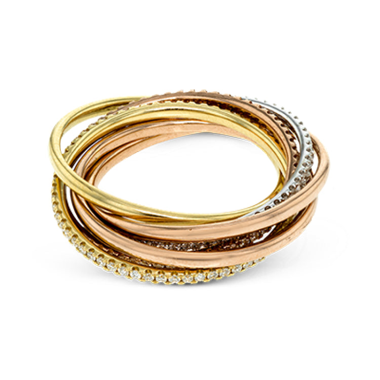 This lovely rolling ring combines three different colors of 18k gold, accented by rows of .80 ctw of white round brilliant diamonds.