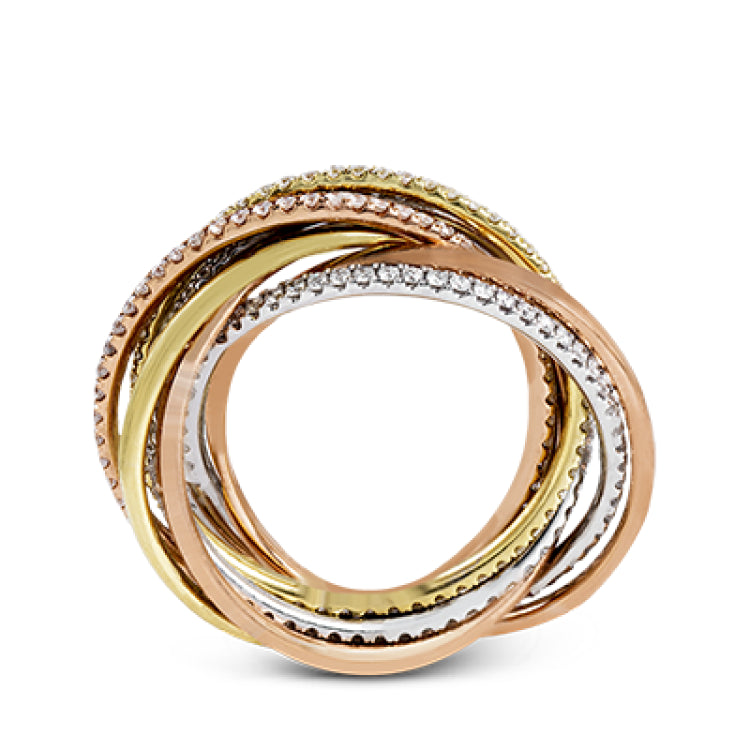 This lovely rolling ring combines three different colors of 18k gold, accented by rows of .80 ctw of white round brilliant diamonds.