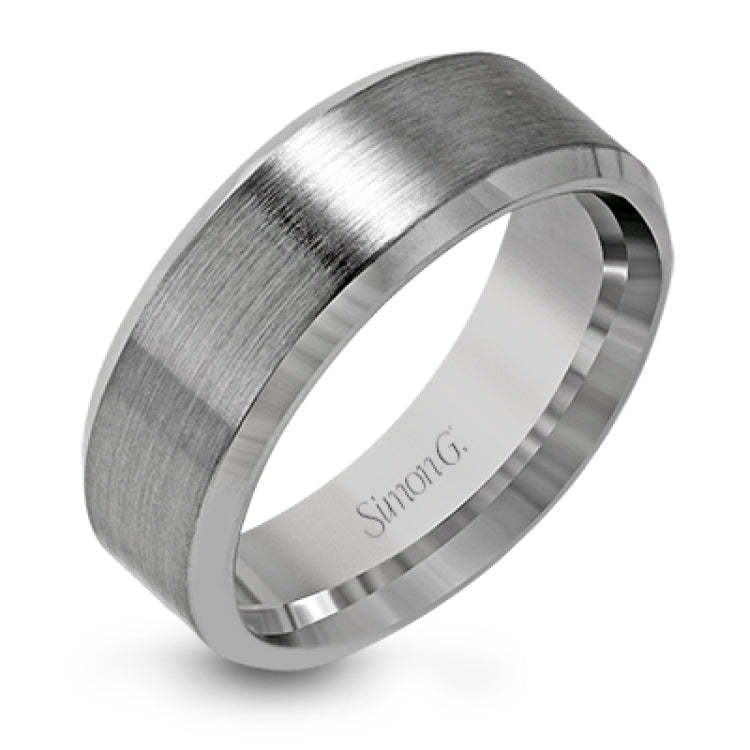 This modern men's band has a clean, classic design, a brushed metal finish and beveled edges.