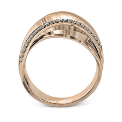 18k rose and white gold combine in this modern, overlapping band, accented by .12 ctw of white round brilliant diamonds.