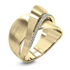 18k rose and white gold combine in this modern, overlapping band, accented by .12 ctw of white round brilliant diamonds.