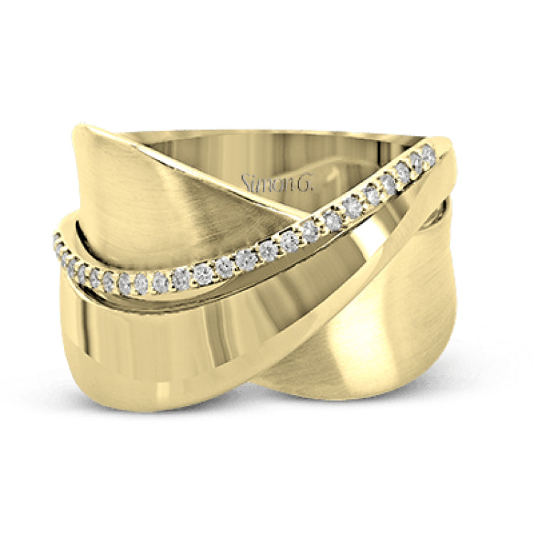 18k rose and white gold combine in this modern, overlapping band, accented by .12 ctw of white round brilliant diamonds.