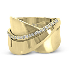 18k rose and white gold combine in this modern, overlapping band, accented by .12 ctw of white round brilliant diamonds.