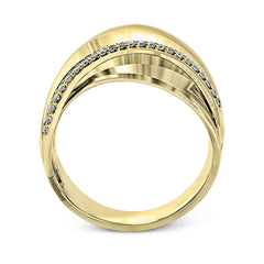 18k rose and white gold combine in this modern, overlapping band, accented by .12 ctw of white round brilliant diamonds.