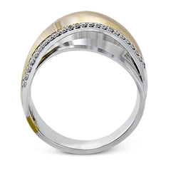 18k rose and white gold combine in this modern, overlapping band, accented by .12 ctw of white round brilliant diamonds.
