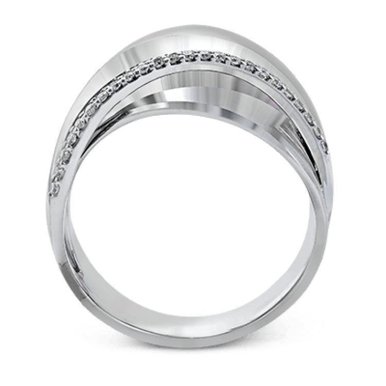 18k rose and white gold combine in this modern, overlapping band, accented by .12 ctw of white round brilliant diamonds.