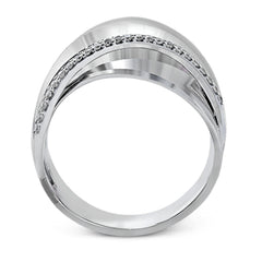 18k rose and white gold combine in this modern, overlapping band, accented by .12 ctw of white round brilliant diamonds.