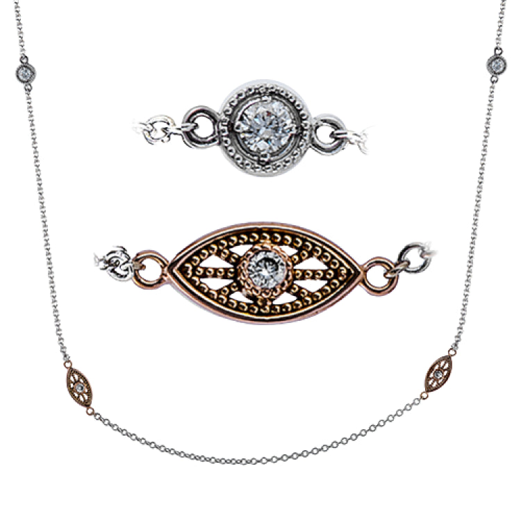This delicate white and rose gold chain is complemented by .07 ctw of white diamond accents.