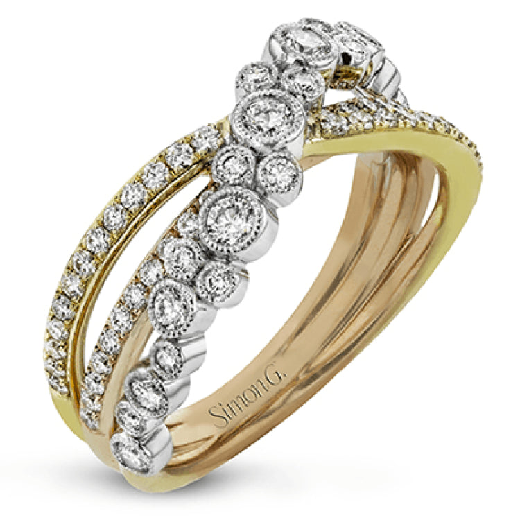 This modern tri-tone 18k gold ring features an overlapping design containing .73 ctw of shining white round brilliant diamonds.