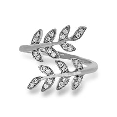 Two delicately leafed branches form the stage for this contemporary rose gold ring, accented with .21 ctw of brilliant white diamonds.