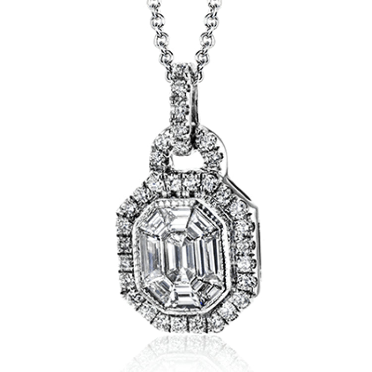 This beautiful pendant contains a center mosaic of .58 ctw of baguette diamonds, surrounded by .25 ctw of round diamonds.