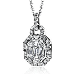 This beautiful pendant contains a center mosaic of .58 ctw of baguette diamonds, surrounded by .25 ctw of round diamonds.