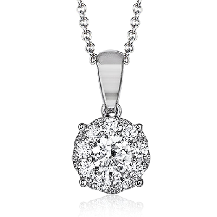 Appropriate for everyday wear, this 18k white gold and diamonds pendant features a grouping of .49 ctw of white round brilliant diamonds.