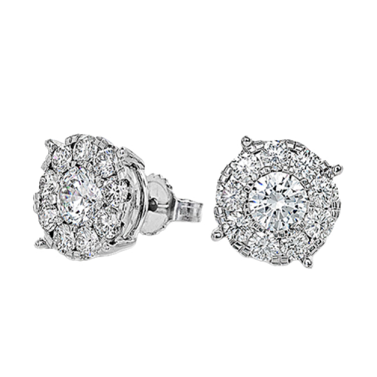 These 18k white gold stud earrings feature .50 ctw diamond centers surrounded by .57 ctw of smaller round white diamonds.
