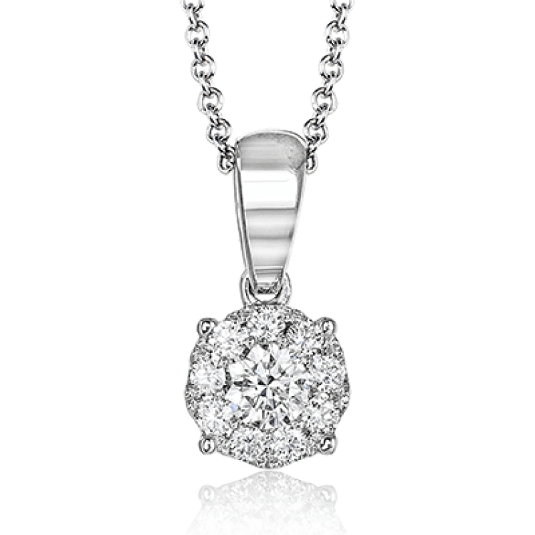 This classic 18k white gold pendant, which is perfect for everyday wear, features a cluster of .28 ctw of round white diamonds.