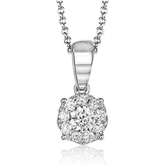 This classic 18k white gold pendant, which is perfect for everyday wear, features a cluster of .28 ctw of round white diamonds.