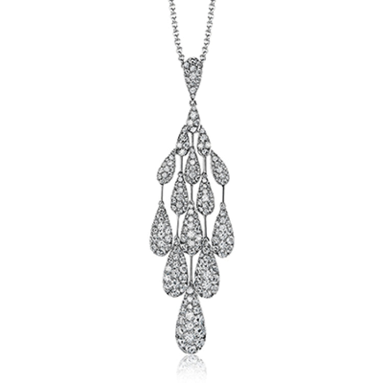 Featuring a brilliant teardrop shaped chandelier design, this arresting white gold contemporary pendant is highlighted by 1.66 ctw of shimmering white diamonds.