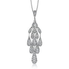 Featuring a brilliant teardrop shaped chandelier design, this arresting white gold contemporary pendant is highlighted by 1.66 ctw of shimmering white diamonds.