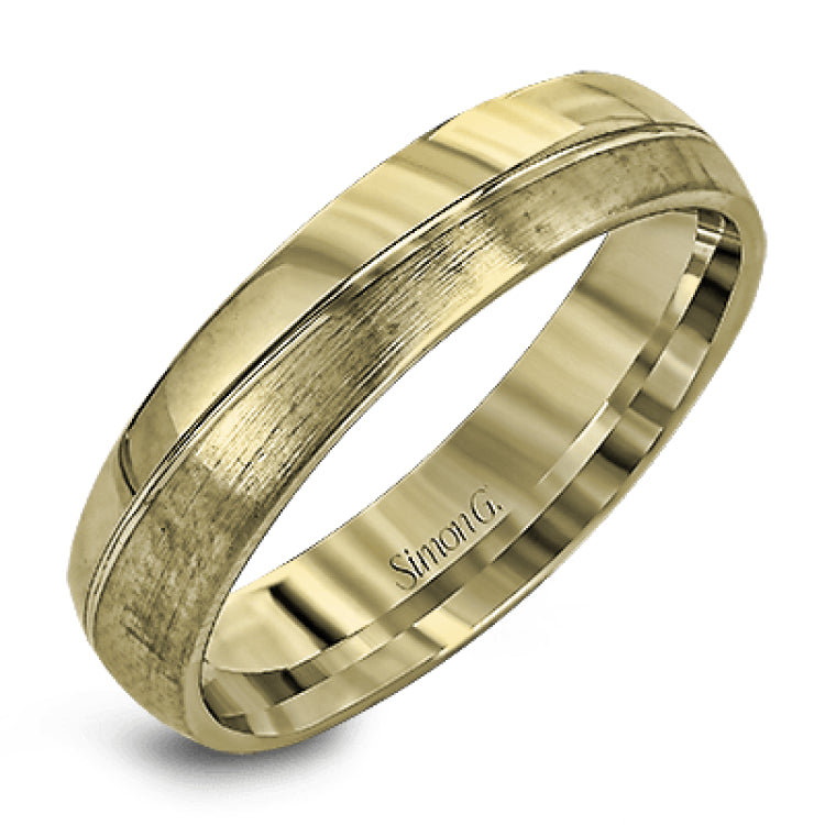 Reflecting a modern design, this two-tone men's wedding band features a sleek ribbon of white gold surrounded by two columns of brushed rose and white gold.