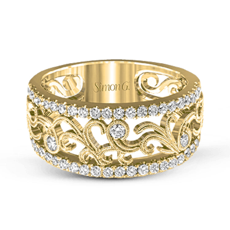 This vintage-inspired 18k white gold band features a detailed, floral design bordered by .52 ctw of white round brilliant diamonds.