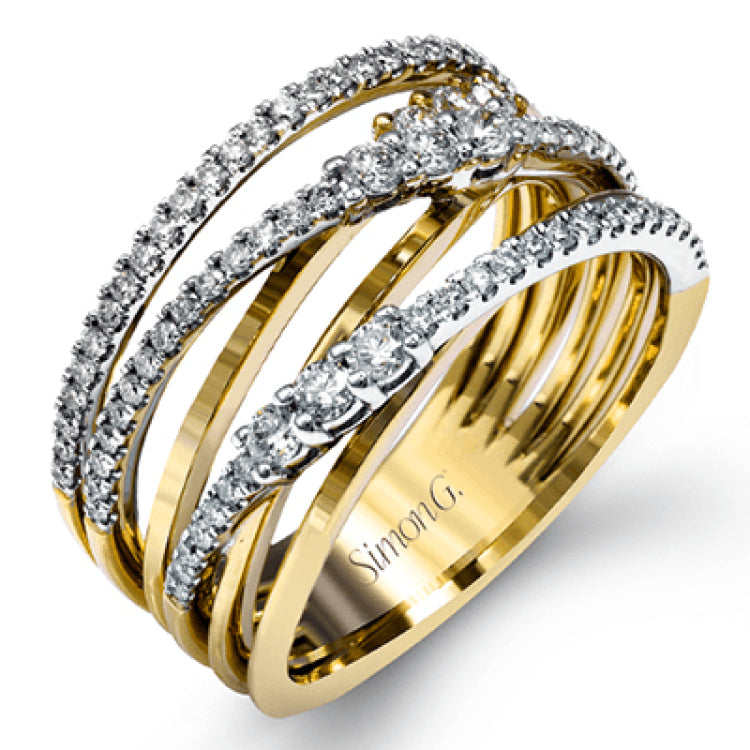 The intertwined design of this modern white and rose gold ring is highlighted by .66 ctw of round cut white diamonds.