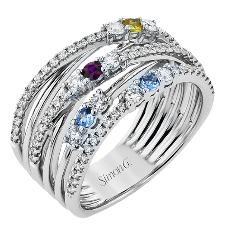 The intertwined design of this modern white and rose gold ring is highlighted by .66 ctw of round cut white diamonds.