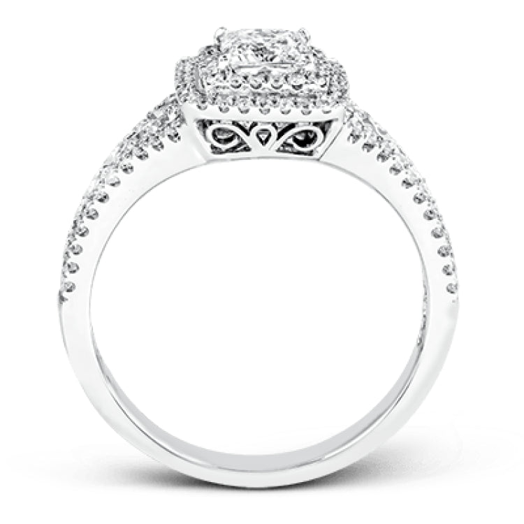 This lovely contemporary styled white gold engagement ring features a dazzling setting of .66 ctw of round cut white diamonds.