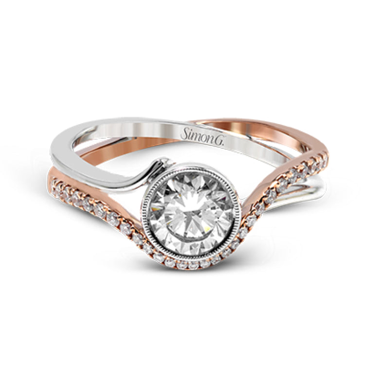 This modern wedding set is a bold choice with a crisscrossing design of 18k white and rose gold set with .26 ctw of white diamonds.
