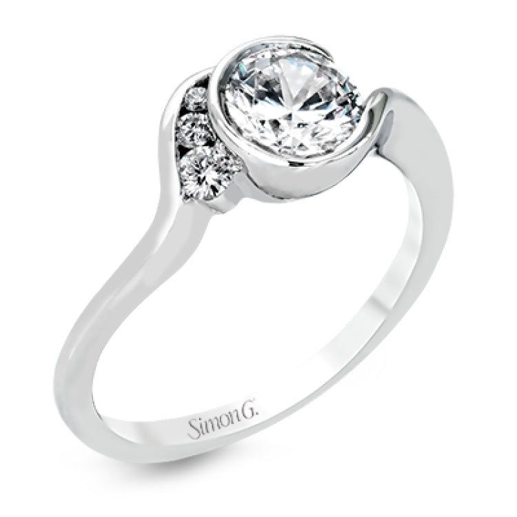 This distinctive, swirling ring design is set with .19 ctw and holds the center stone in a partial bezel setting.