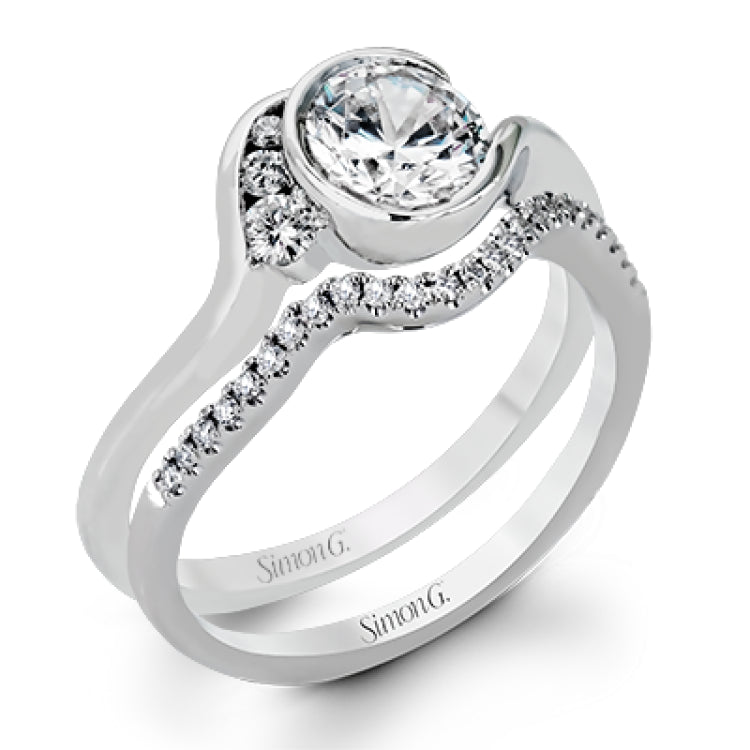 This distinctive, swirling ring design is set with .19 ctw and holds the center stone in a partial bezel setting.