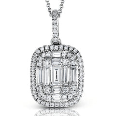 This impressive modern white gold pendant is highlighted by .19 ctw round cut white diamonds and accented with .38 ctw baguette cut diamonds.