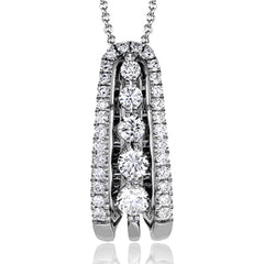 Presenting a dramatic contemporary design, this white gold pendant is accentuated by .60 ctw of round cut diamonds in graduated sizes.
