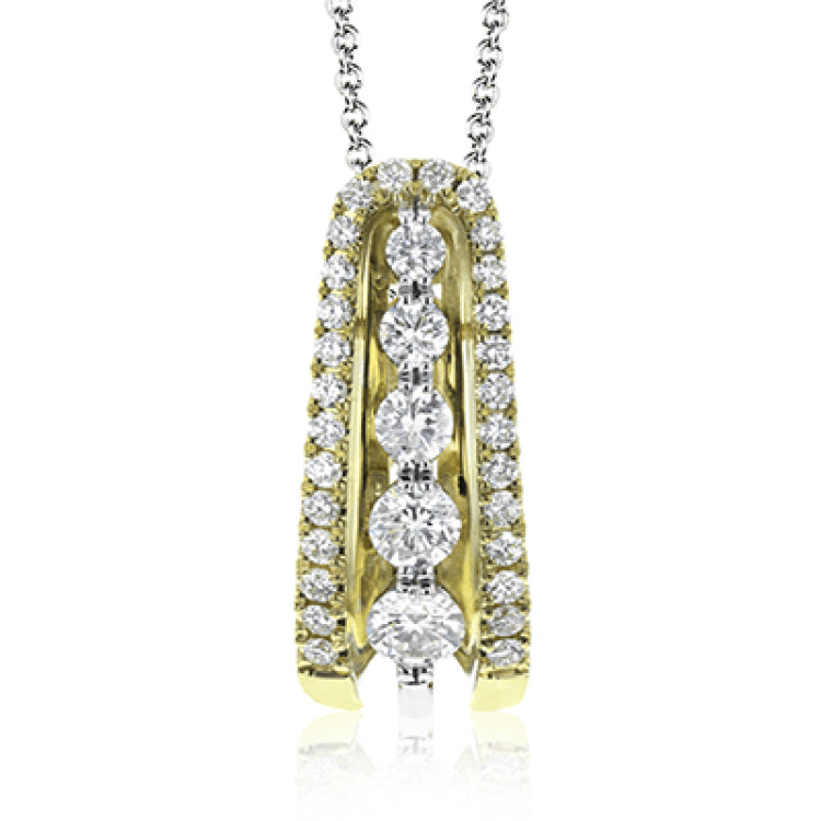 Presenting a dramatic contemporary design, this white gold pendant is accentuated by .60 ctw of round cut diamonds in graduated sizes.